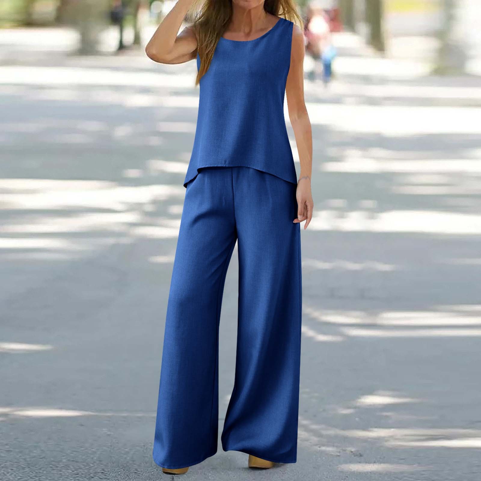 thumbnail image 2 of Conjunto de dos piezas de verano para mujer con chaleco sin mangas de color liso y espalda hueca de encaje - Poliéster, cuello cuadrado, pantalones de pierna ancha - Tallas S-XXL, 2 of 6